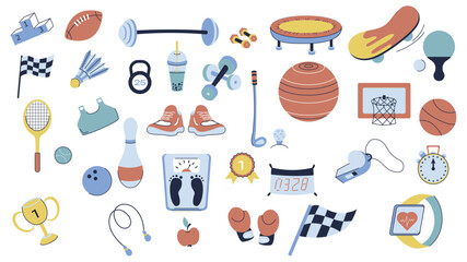 Naklejka premium Sport equipment graphic elements set. Collection of ball, barbell, dumbbell, trampoline, skateboard, tennis racket, flag, sneakers, basketball hoop, kettlebell, stopwatch, more. Vector illustration.
