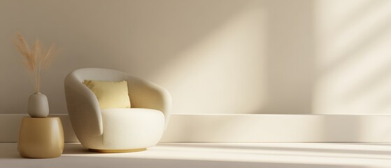 246. living room with minimalist furniture and natural light, cool modern vibe, golden hour tone, minimal composition, generic props only