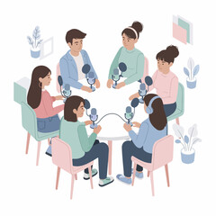 Isometric Style Round Table Podcast Meeting with Teamwork Communication Illustration