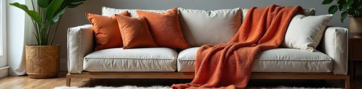 A luxurious throw blanket draped artistically over a modern sofa, adding warmth and style to a living room Perfect for a housewarming or birthday gift , texture, brown, interior design