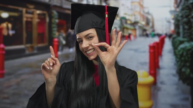 Graduated hispanic woman in cap and gown gesturing ok happily on a busy city street, capturing a joyful outdoor moment.