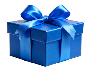 Obraz premium Blue Gift Box With Satin Ribbon, Front-Facing Classic Presentation, Isolated on Transparent Background