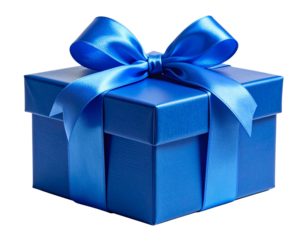  Blue Gift Box With Satin Ribbon, Front-Facing Classic Presentation, Isolated on Transparent Background