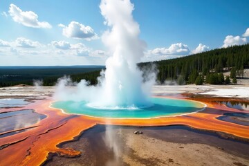 A mesmerizing geyser erupts, sending a plume of scalding water high into the air, surrounded by vibrant geothermal features and steaming vents , untamed, plume