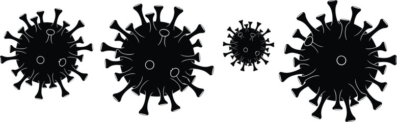 Obraz premium Set of black virus silhouettes, coronavirus bacteria vector, dangerous germ icons, viral infection symbol collection, medical disease illustration.