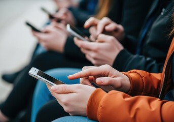 Closeup of hands holding and using smartphones, with multiple people in the background also engaged with their devices