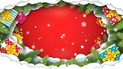 Joyful Holiday Season Background featuring a Decorative Evergreen Frame with Snow, Sparkling Snowflakes, and Assorted Gift Boxes on a Bright Red Surface