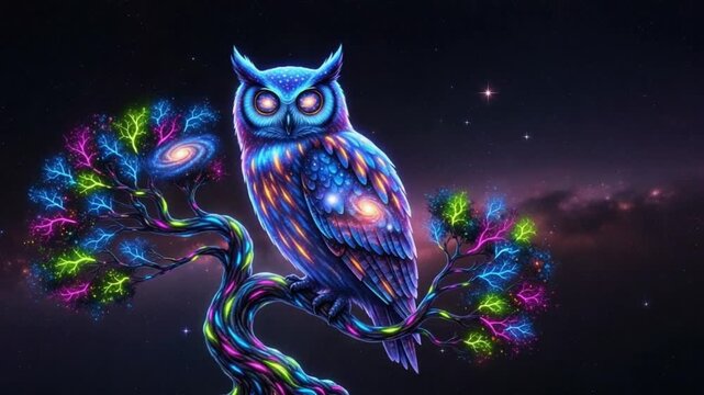 a cosmic owl with glowing eyes and galaxy patterns on its feathers, perched on a tree with bioluminescent branches and leaves, against a starry night sky, with a slow camera pan across the scene