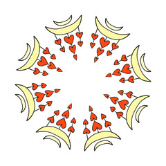 Cute round frame with doodle Valentine hearts and crescent moon isolated on white background.