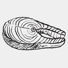Hand drawn salmon steak. Seafood, tasty fish dinner, mediterranean diet. Vector sketch illustration in vintage crayon charcoal style.