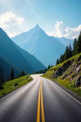 A scenic view of a mountain pass, sunlight illuminating the winding road ahead, leading towards distant peaks ,  summer,  bright