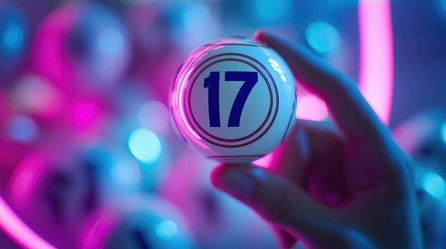Hand Holding Neon Lottery Ball Number Seventeen