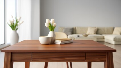 Fototapeta premium Cozy modern living room with a wooden table, white tulips, and soft light