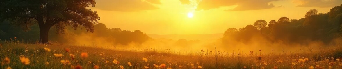 Fototapeta premium A serene landscape bathed in golden sunlight, symbolizing the boundless and unconditional nature of spiritual love; a feeling of peace and connection with the divine , divine love, belief, sacred