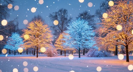 Magical Winter Wonderland Illuminated Trees with Falling Snowflakes