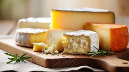 Assorted cheese wedges on a rustic wooden board with rosemary and herbs