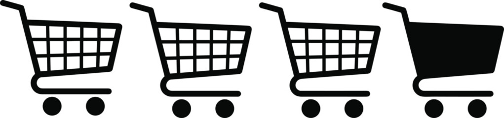 Shopping cart icon set, e-commerce symbols, retail basket graphics, black silhouette carts, online store interface elements, vector illustration collection