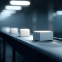 279. automated warehouse with conveyor belts and barcodes, advertising mood, gentle key and fill light, clean background for typography, ideal for online ads