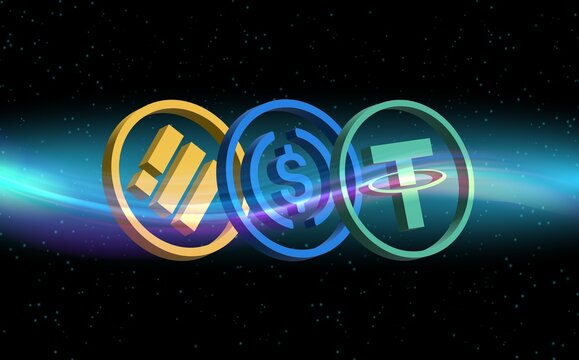 Cryptocurrency images of tether-usdt, usdc and binance usd-busd. 3d illustrations.