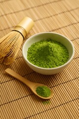 “Matcha Green Tea Powder with Bamboo Whisk on Natural Bamboo Mat – Minimal Product Shot”
