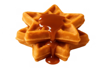 Star-shaped waffle stack with caramel syrup dripping, delicious sweet dessert or breakfast pastry food item