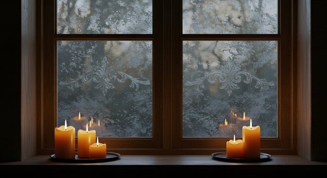 Candles glowing on a windowsill with a frosted window pane - Powered by Adobe