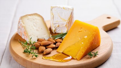 Cheese board with assorted cheeses, almonds, and herbs on a wooden platter