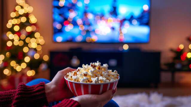 Hands holding a red striped popcorn bowl in front of a TV and Christmas tree