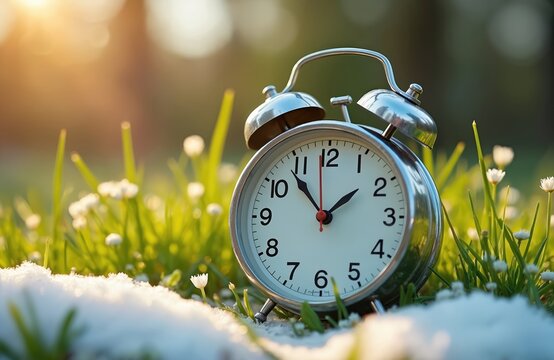 Vintage alarm clock on fresh green grass. Melting snow, small white flowers appear. Early morning sun shines brightly. Clock spring time change, daylight saving transition. New season starts, nature