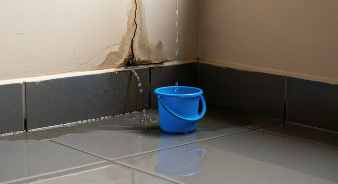 Water leakage causing damage to wall with blue bucket collecting water on tiled floor. Water leak creates wet floor and stains along the wall. Concept for home repair or maintenance services.