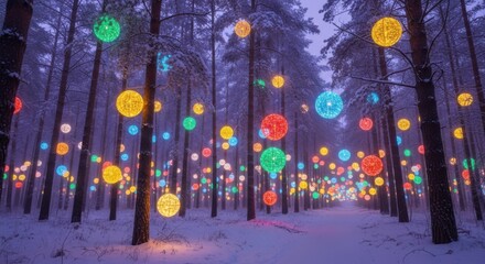 Magical Winter Forest Illuminated with Colorful Spherical Lights