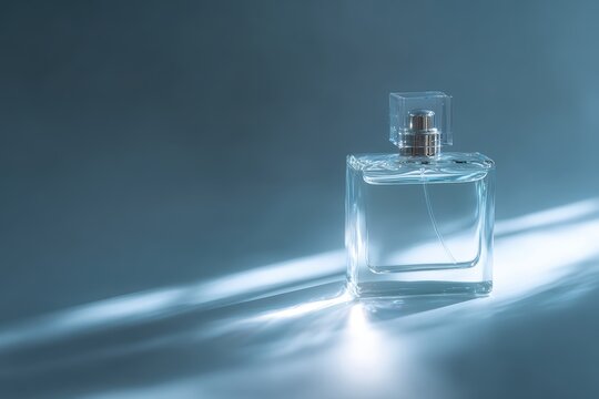 499. perfume bottle with glass reflections and soft shadows, modern vibe, controlled studio lighting, clean background for typography, generic props only