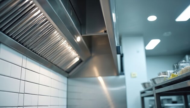 Stainless steel kitchen vent hood installed above white tiled wall. Undercabinet lights shine on shiny metal filters. Commercial restaurant kitchen equipment ready for prep work.