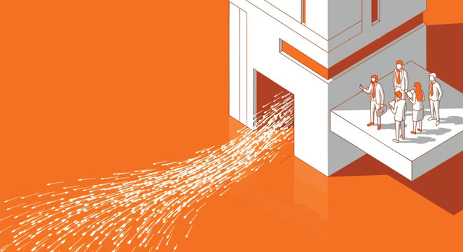 Diverse business team observing a stream of white particles flowing out of a modern building entrance