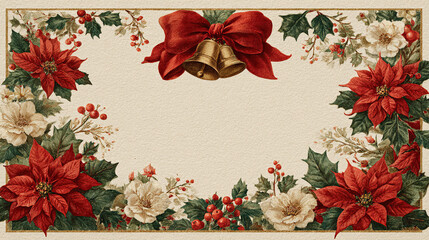 Vintage christmas floral border with poinsettias, bells, and holly
