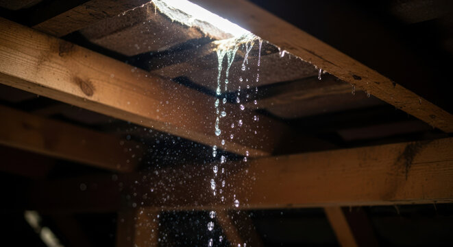 Leak roof with water dripping from ceiling beams in attic space. Leak roof causing water to trickle down wooden structure, creating concerns for home maintenance and repair.