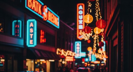Vibrant Neon Signs Illuminate a Bustling City Street at Night