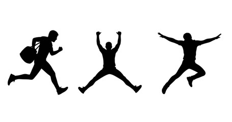 Three expressive silhouettes leap across a stark backdrop, each frozen in a unique airborne pose