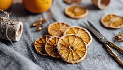 Fototapeta premium Handmade Dried Orange Slices And Diy Tools For Eco-Friendly Christmas Decorations And Gifts On The Table