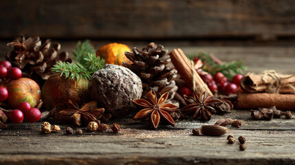 Christmas decorations featuring fruits, spices, and ornaments on a wooden background.
