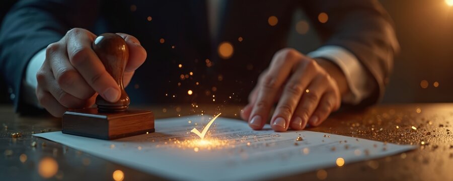 Business professional in suit stamps formal document. Glowing checkmark appears with golden sparkles on paper. Action marks approval, validation, successful completion of official process. Shows