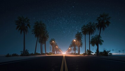 Tropical Palm Road: A Stunning Night Drive Along A Highway Lined With Palm Trees And A Starry Sky Towards The City. Ideal For Vacation And Travel.