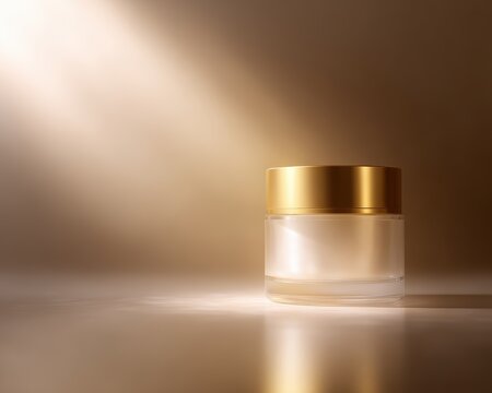 26. cosmetic jar with golden accents and soft glow, modern vibe, dramatic key light, ample space for text, ideal for commercial use