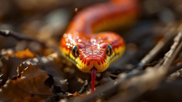 A vibrant orange corn snake curiously exploring autumn leaves tongue flicking with shallow depth of