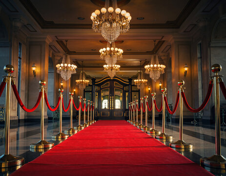 Grand red carpet entrance with velvet ropes and chandeliers in a luxurious ballroom