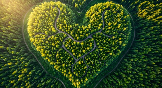 Aerial view of a forest shaped like a heart, with winding paths through the trees.