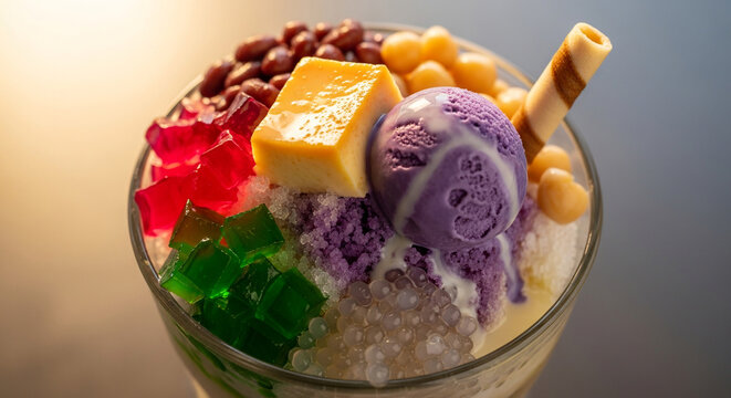 Delicious Halo-Halo A Colorful Filipino Dessert with Ube Ice Cream and Sweet Treats