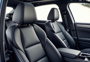 Obraz premium Luxurious black leather car interior with polished seats and refined stitching.