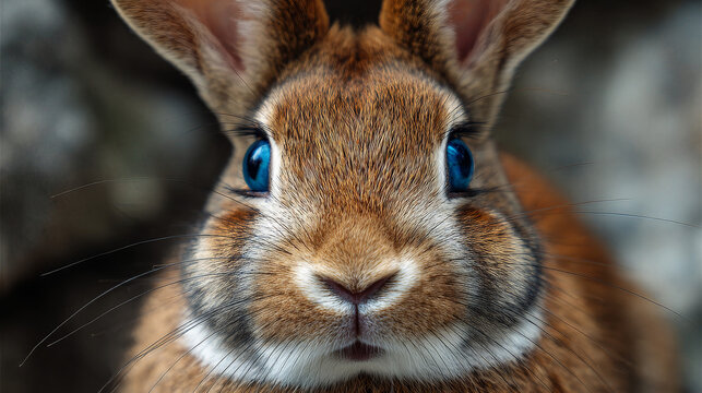 Close-up headshot of an adorable brown rabbit with blue eyes and a white stripe on its forehead.