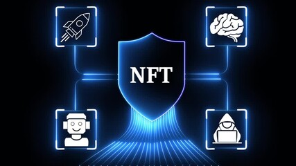 glowing neon N F T cloud network connecting business handshake communication growth technology hacker and team icons digital concept neon glow on black background. 4k video animation - Powered by Adobe